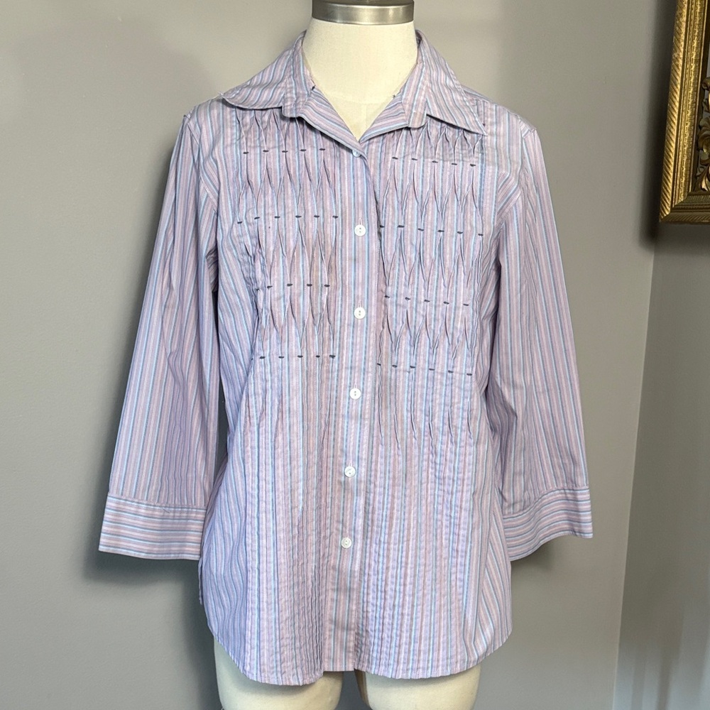 Foxcroft Size 10 Purple Blue Striped Button Down Fit Shirt Wrinkle Free